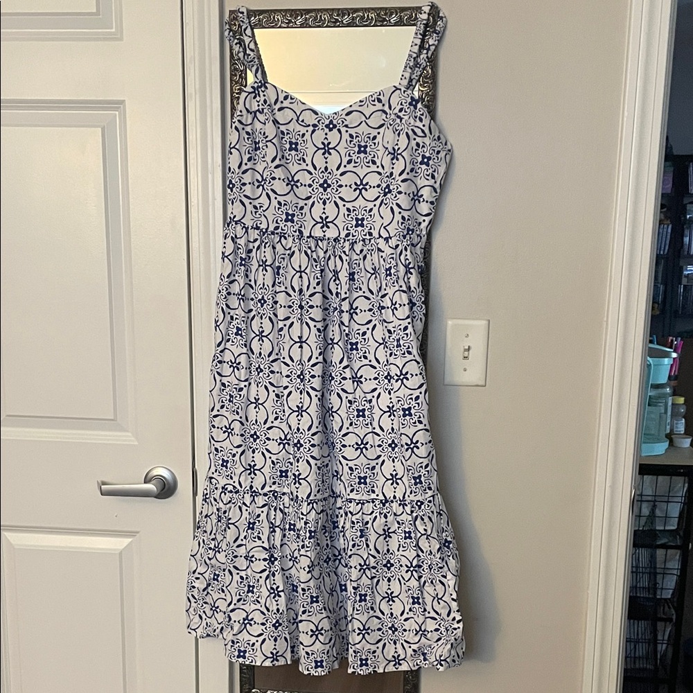 J. Crew Factory Blue and White Patterned Midi Dress